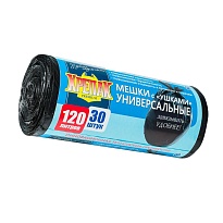 Мешки для мусора 120 л, с ушками, черные, в рулоне 30 шт., ПНД, 15 мкм, 1100х700 мм, Крепак, 4607075710375 в Кемерово